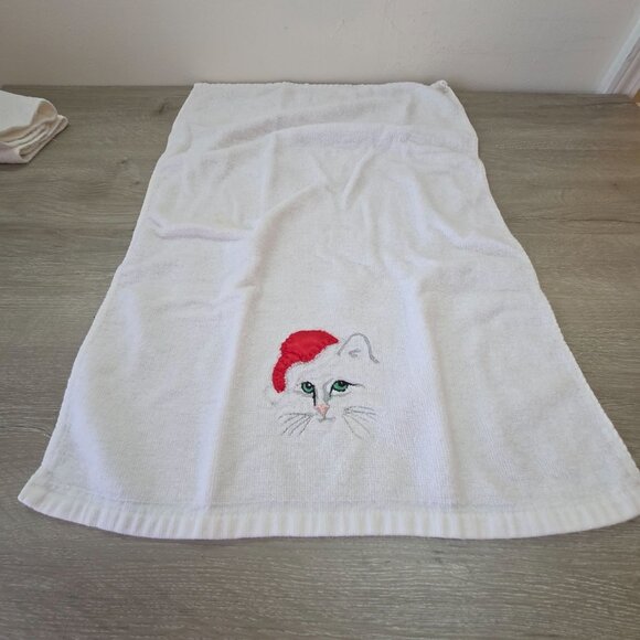 White Cotton Christmas Cat Embroidered Towel Set With Santa Hat Design - Picture 6 of 10